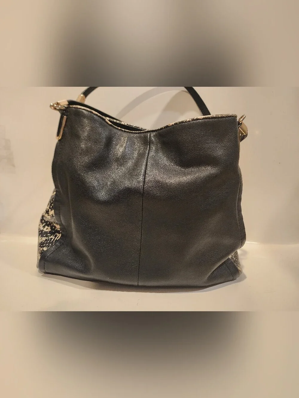 Coach Madison Phoebe Black Two-Tone Python Leather Shoulder Bag Tote Purse